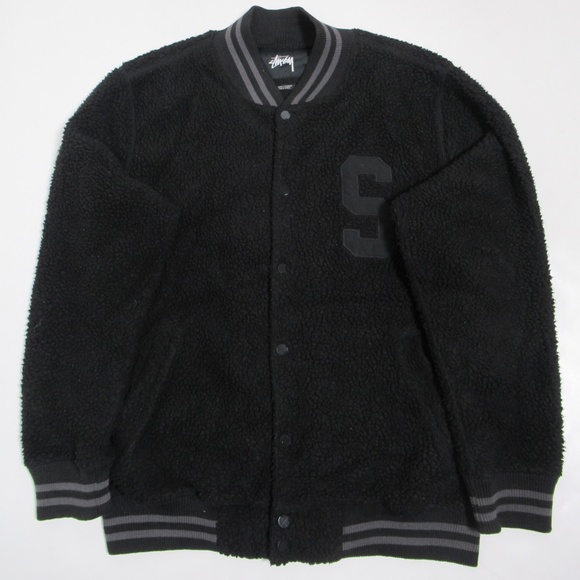 Stussy Men's Varsity Shearling Jacket Black Size L 118148-001 - Picture 1 of 12